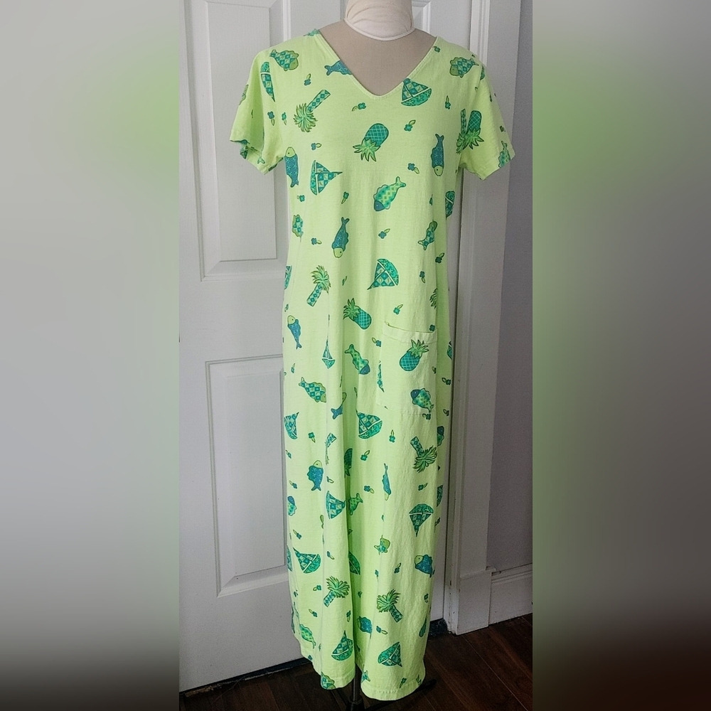 Women’s Vintage Lime Green Maxi Dress with Tropical Print | Size M